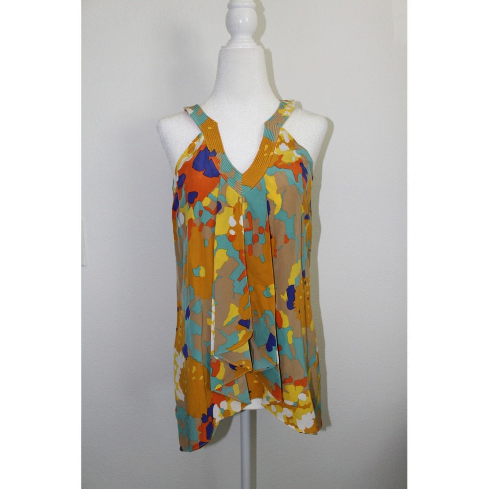 Diane von Furstenberg Silk Halter Top Abstract Floral Ruffle V-Neck Blouse Sz 2
